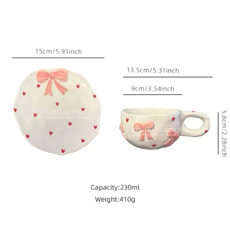 Coquette Ribbon Duo – Artisan 3D Bow Ceramic Cup & Scalloped Heart Saucer