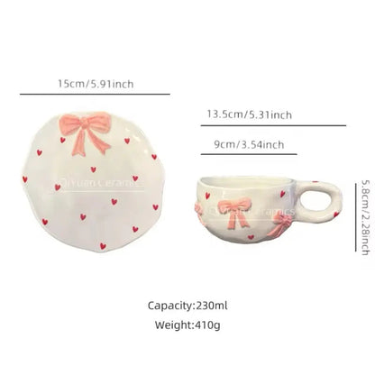 Coquette Ribbon Duo – Artisan 3D Bow Ceramic Cup & Scalloped Heart Saucer