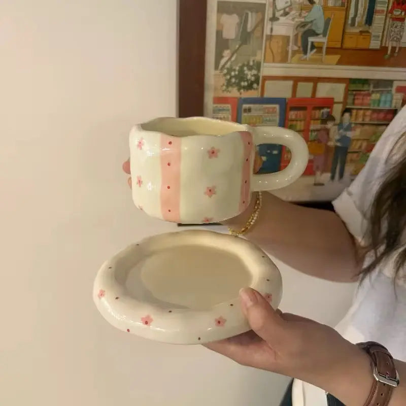 Meadow Stripe Duo – Artisan Hand-Painted Ceramic Cup & Floral Dessert Saucer