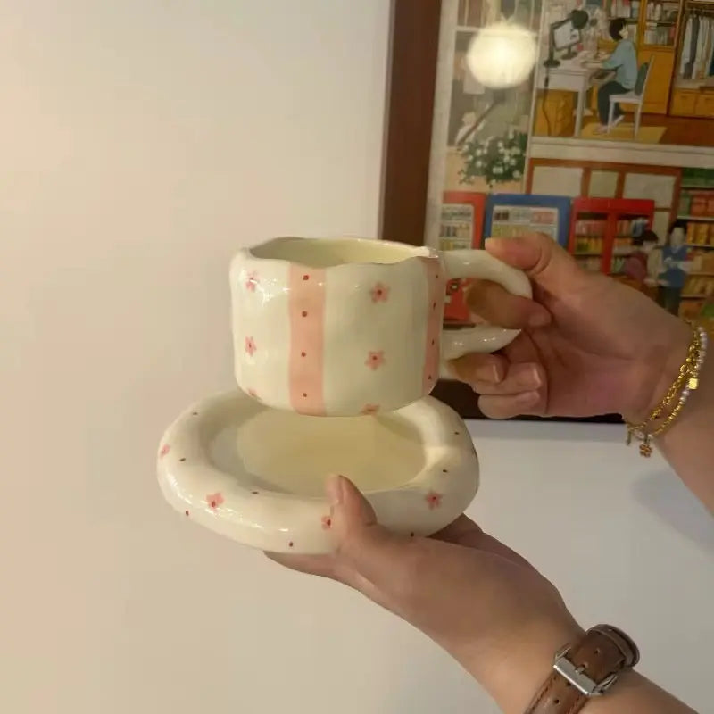 Meadow Stripe Duo – Artisan Hand-Painted Ceramic Cup & Floral Dessert Saucer