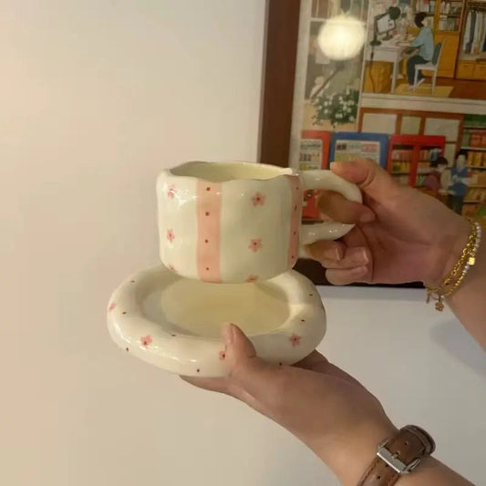 Meadow Stripe Duo – Artisan Hand-Painted Ceramic Cup & Floral Dessert Saucer