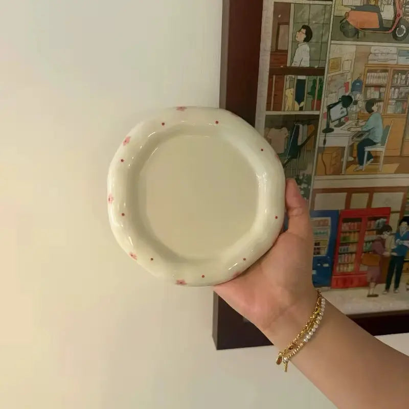 Meadow Stripe Duo – Artisan Hand-Painted Ceramic Cup & Floral Dessert Saucer