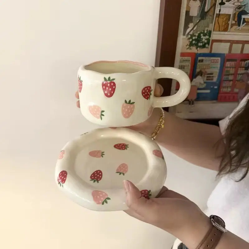 Wild Orchard Set – Artisan Strawberry Ceramic Cup & Matching Dessert Saucer