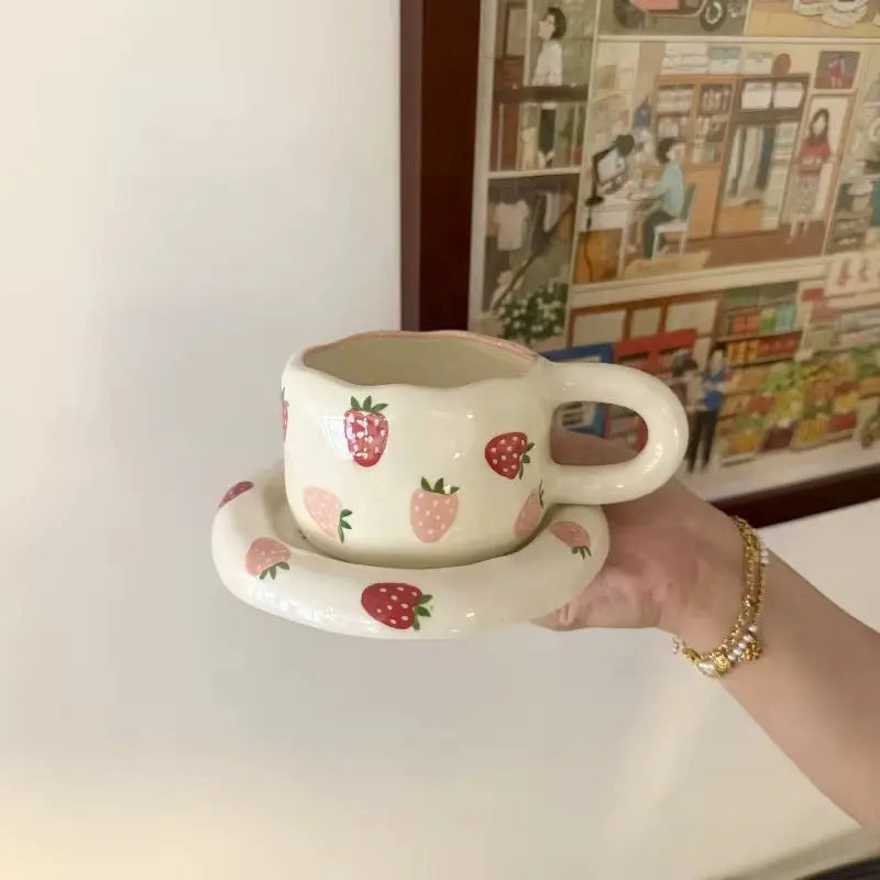Wild Orchard Set – Artisan Strawberry Ceramic Cup & Matching Dessert Saucer