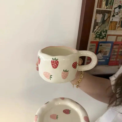 Wild Orchard Set – Artisan Strawberry Ceramic Cup & Matching Dessert Saucer