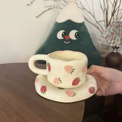 Wild Orchard Set – Artisan Strawberry Ceramic Cup & Matching Dessert Saucer