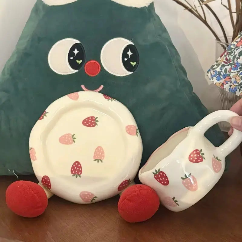 Wild Orchard Set – Artisan Strawberry Ceramic Cup & Matching Dessert Saucer