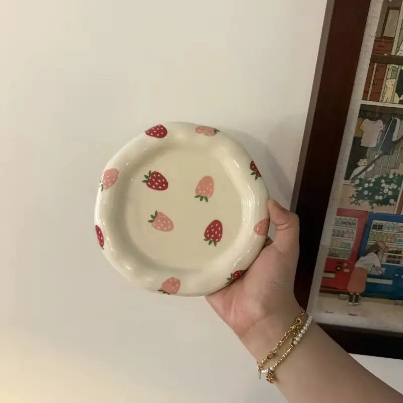 Wild Orchard Set – Artisan Strawberry Ceramic Cup & Matching Dessert Saucer