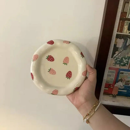 Wild Orchard Set – Artisan Strawberry Ceramic Cup & Matching Dessert Saucer