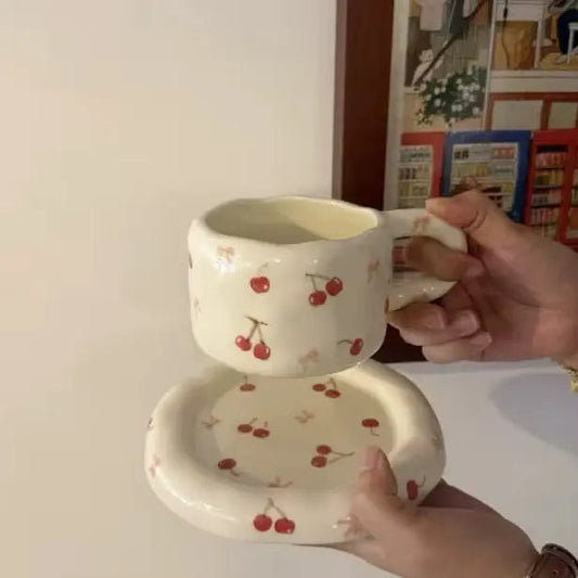 Vintage Orchard Duo – Artisan Cherry-Print Ceramic Cup & Matching Dessert Saucer