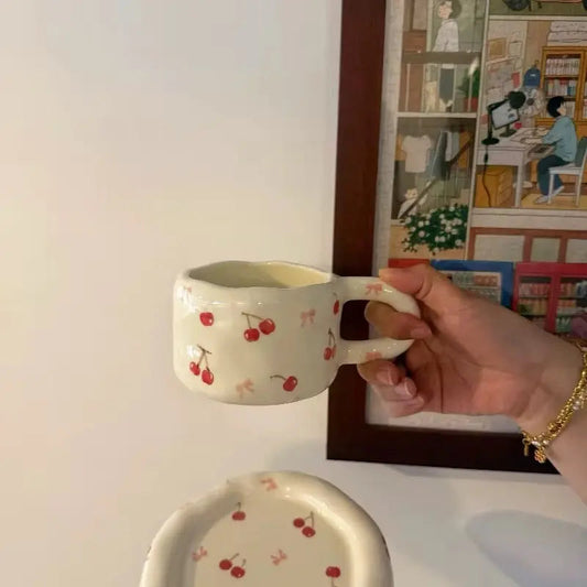 Vintage Orchard Duo – Artisan Cherry-Print Ceramic Cup & Matching Dessert Saucer