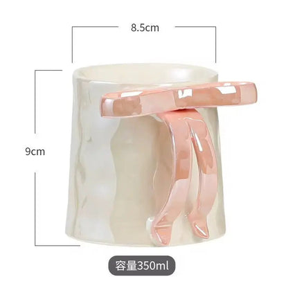 Sculptural Ribbon Handle Mug – Aesthetic 3D Bow Ceramic Coffee Cup
