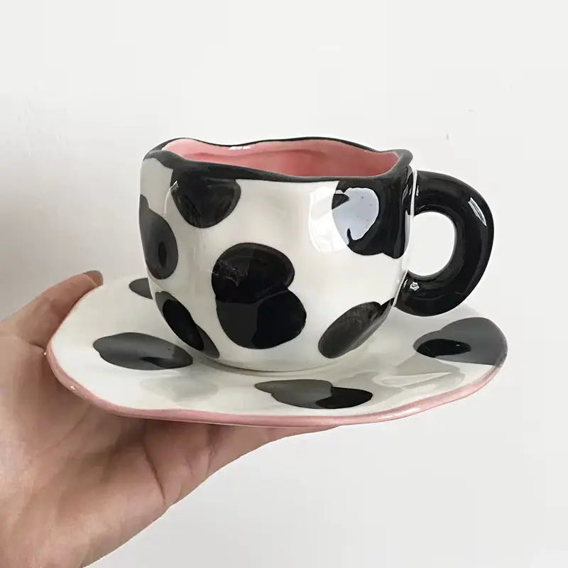 Dottie Muse Set – Artisan Polka-Dot Ceramic Cup & Pink-Trimmed Saucer