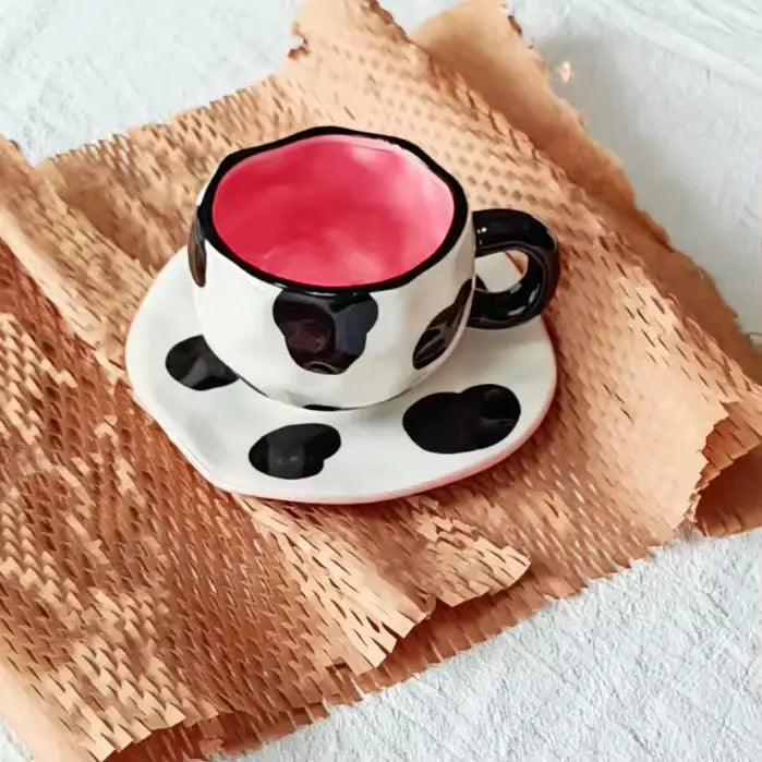 Dottie Muse Set – Artisan Polka-Dot Ceramic Cup & Pink-Trimmed Saucer