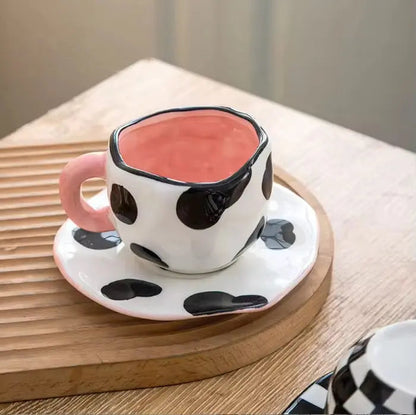 Dottie Muse Set – Artisan Polka-Dot Ceramic Cup & Pink-Trimmed Saucer