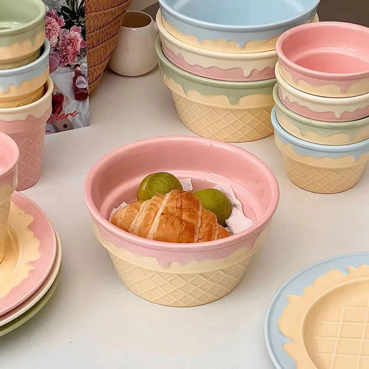 Gelato Swirl Collection – Pastel Pink Sculptural Ceramic Bowl & Dessert Set
