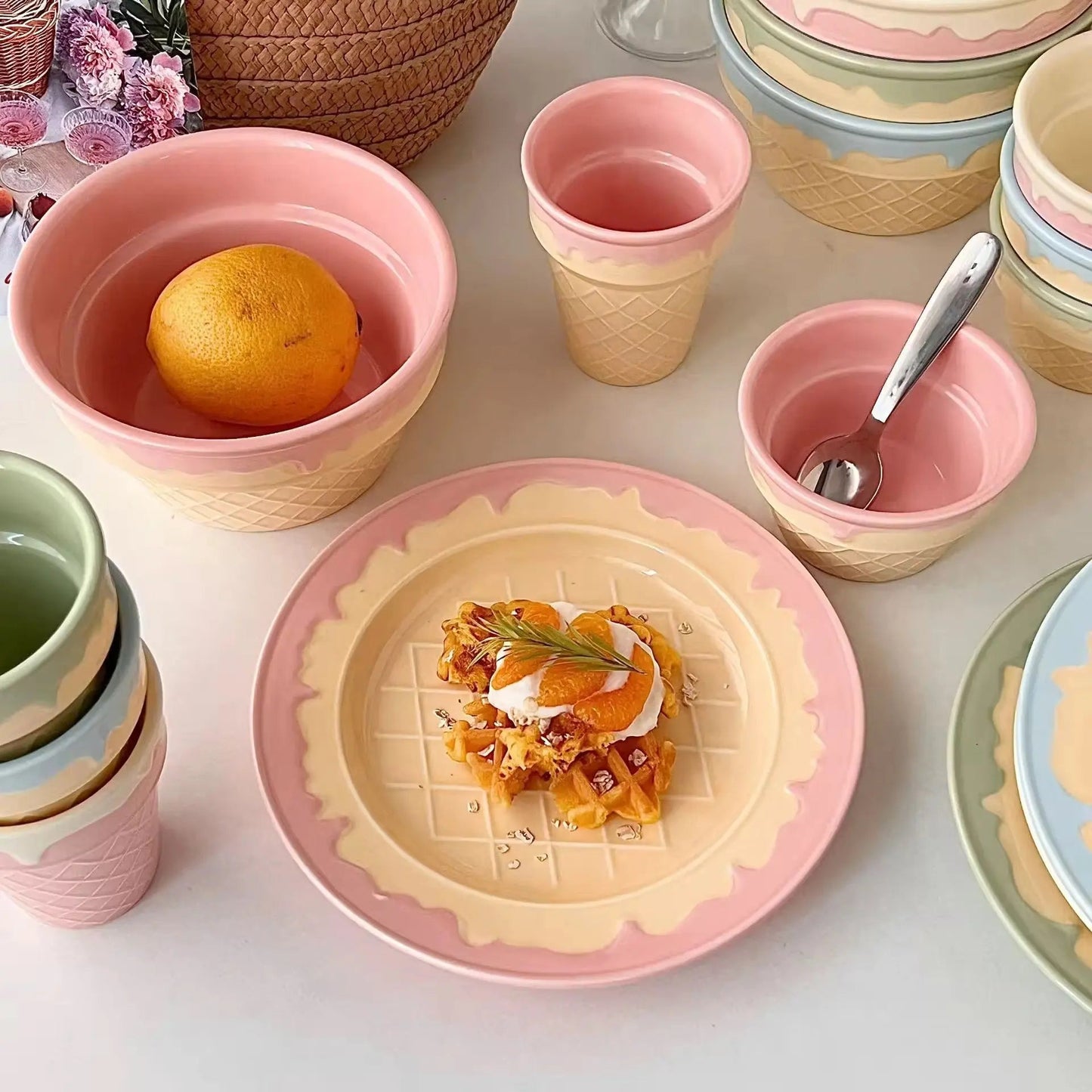 Gelato Swirl Collection – Pastel Pink Sculptural Ceramic Bowl & Dessert Set