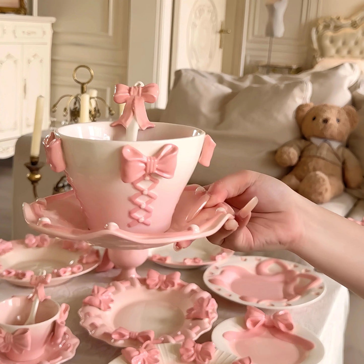 Royal Bow Tea Service – Coquette Pink Ribbon Ceramic Cup & Scalloped Saucer