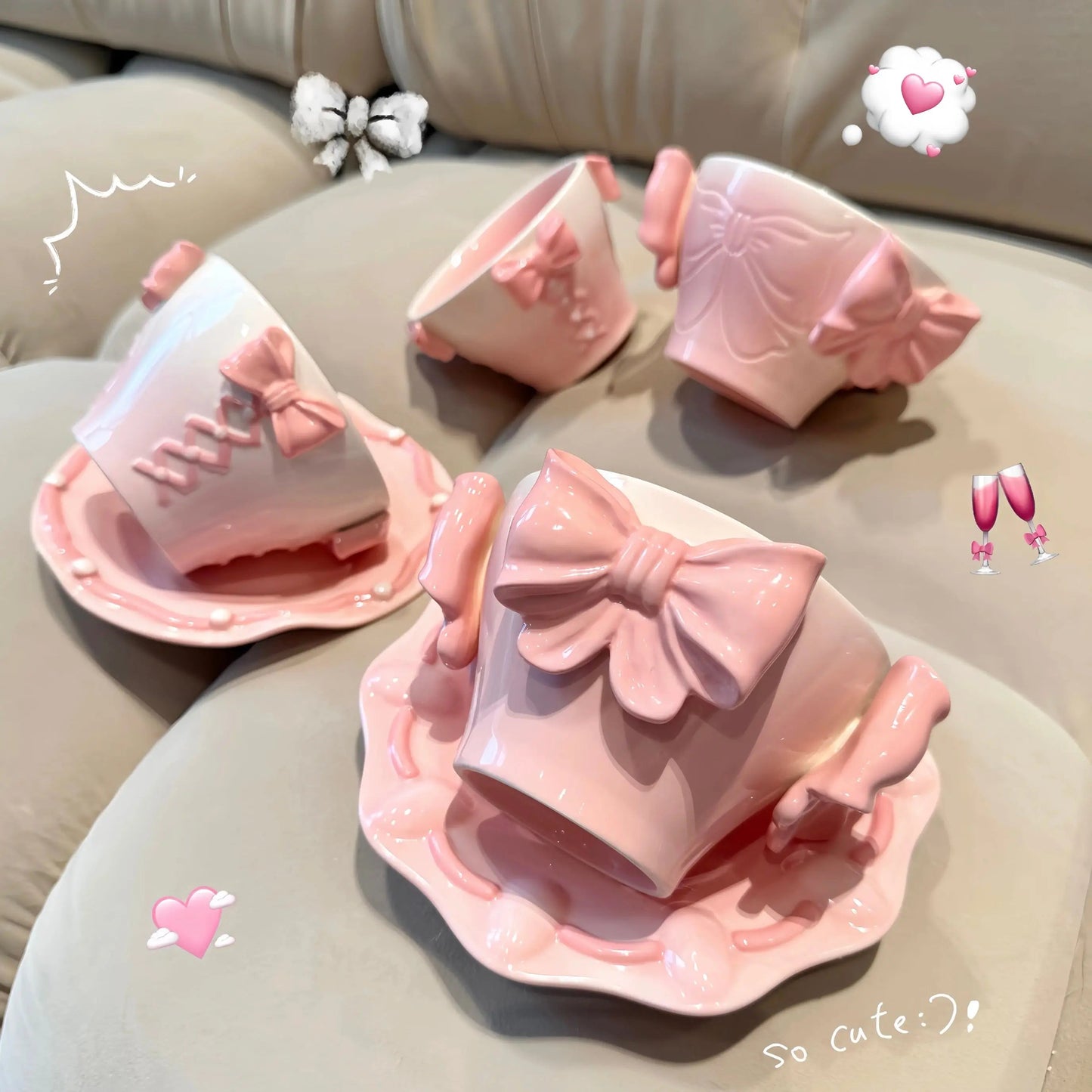 Royal Bow Tea Service – Coquette Pink Ribbon Ceramic Cup & Scalloped Saucer
