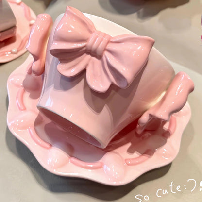 Royal Bow Tea Service – Coquette Pink Ribbon Ceramic Cup & Scalloped Saucer