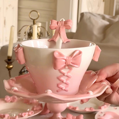 Royal Bow Tea Service – Coquette Pink Ribbon Ceramic Cup & Scalloped Saucer