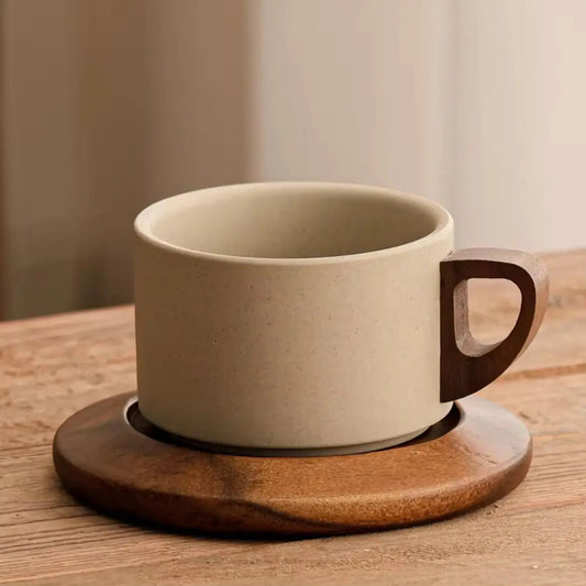 Earthy Ritual Coffee Set – Matte Ceramic Mug & Natural Wood Saucer