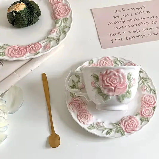Artisan Rose Ceramic Mug & Saucer Set – Aesthetic Sculpted Floral Tea Cup