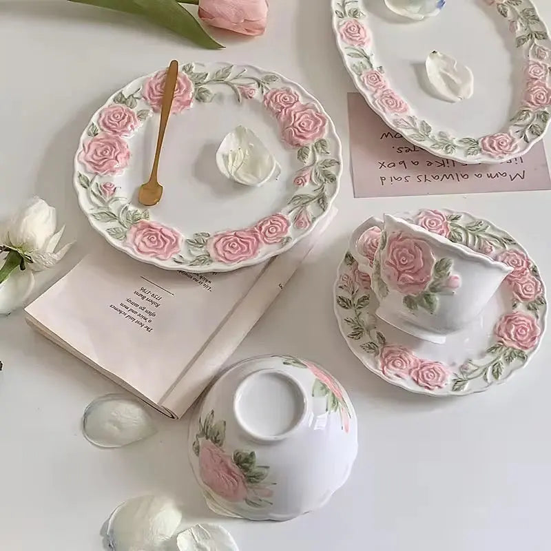 Artisan Rose Ceramic Mug & Saucer Set – Aesthetic Sculpted Floral Tea Cup