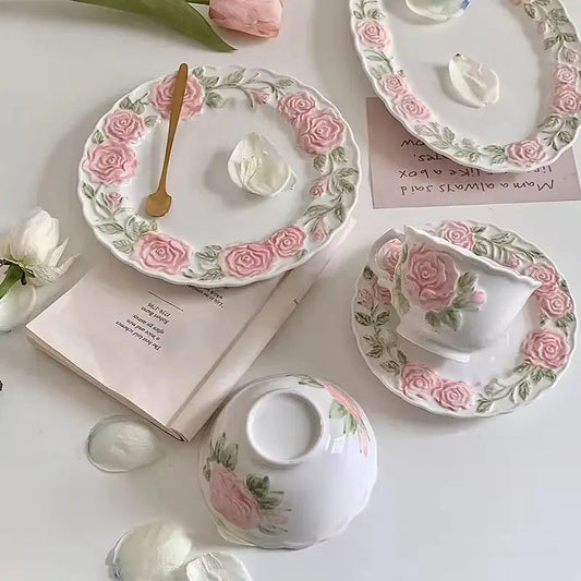 Artisan Rose Ceramic Mug & Saucer Set – Aesthetic Sculpted Floral Tea Cup