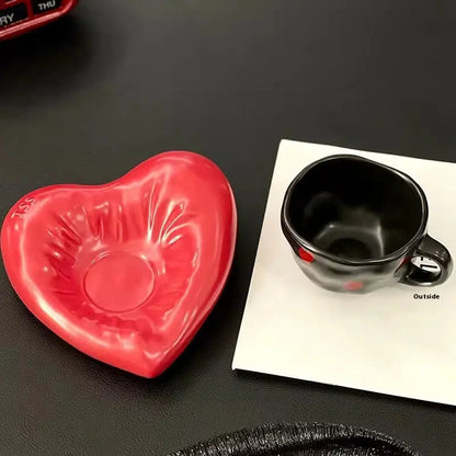 Obsidian Muse Duo – Sculptural Lip-Plate & Minimalist Ceramic Cup Set