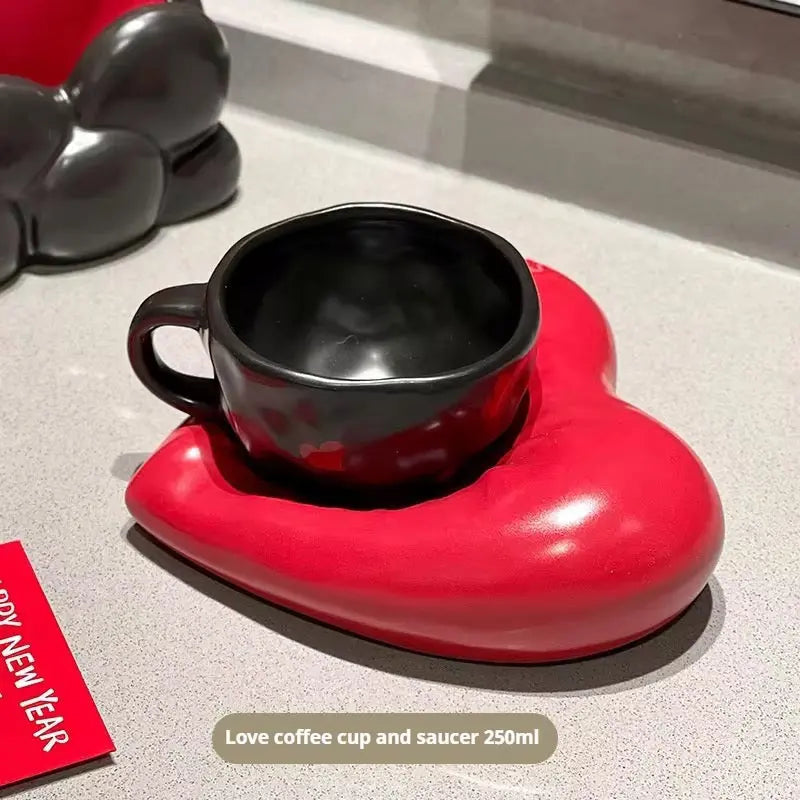 Obsidian Muse Duo – Sculptural Lip-Plate & Minimalist Ceramic Cup Set
