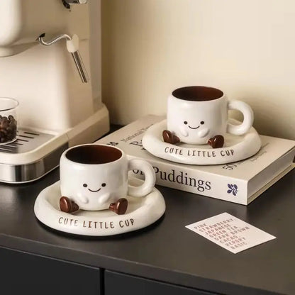 Smiley Ceramic Mug & Saucer Set - Cute Character Coffee Cup