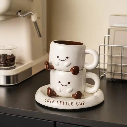 Smiley Ceramic Mug & Saucer Set - Cute Character Coffee Cup