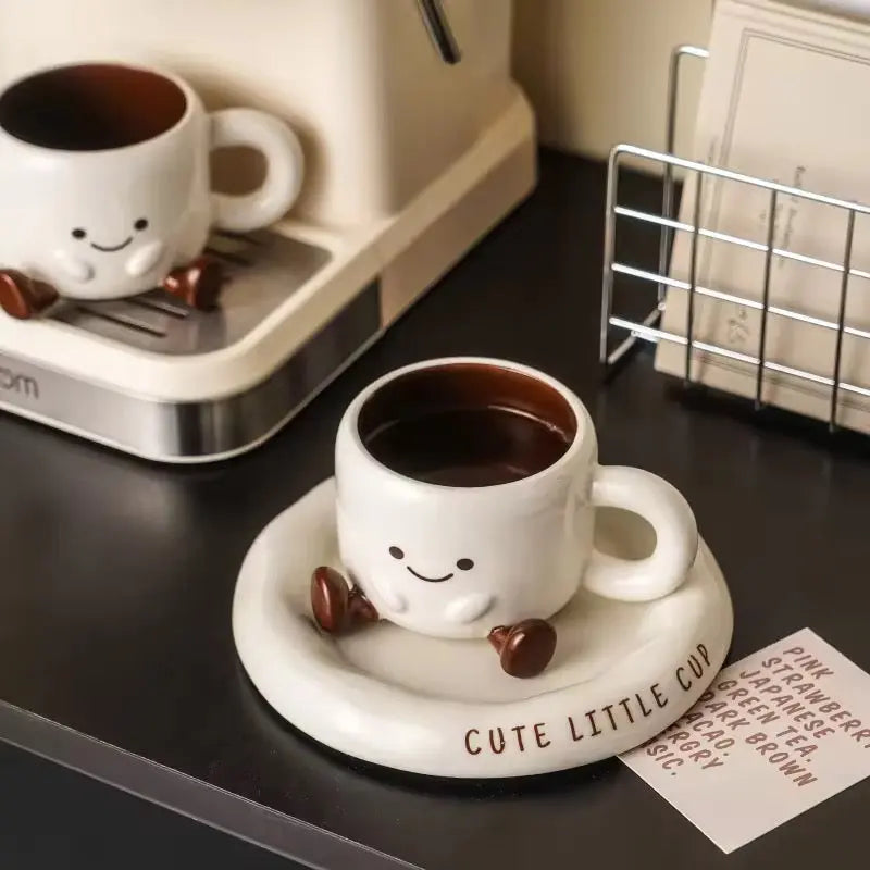 Smiley Ceramic Mug & Saucer Set - Cute Character Coffee Cup