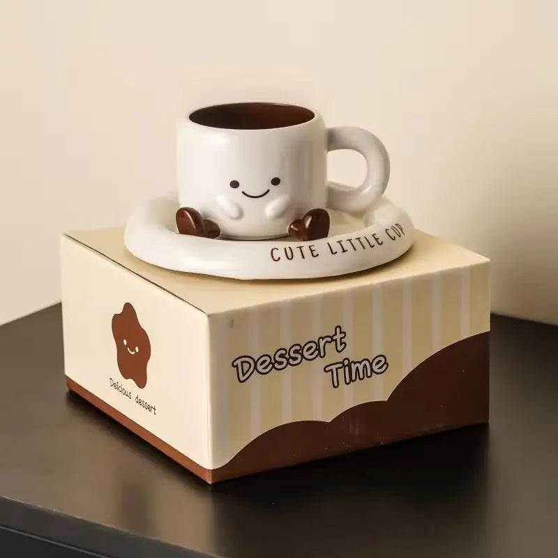 Smiley Ceramic Mug & Saucer Set - Cute Character Coffee Cup