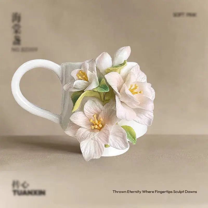 Sculpted Flower Ceramic Mug - Artistic Handmade-Look Coffee Cup