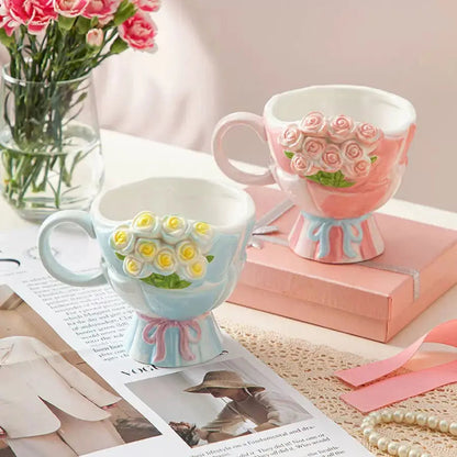 Artisan Pastel Rose Bouquet Mug – 3D Floral Sculpted Ceramic Coffee Cup