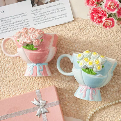Artisan Pastel Rose Bouquet Mug – 3D Floral Sculpted Ceramic Coffee Cup