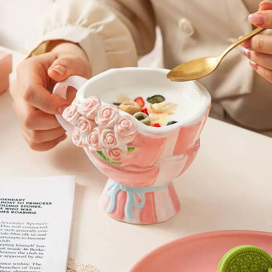 Artisan Pastel Rose Bouquet Mug – 3D Floral Sculpted Ceramic Coffee Cup