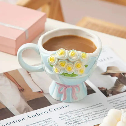 Artisan Pastel Rose Bouquet Mug – 3D Floral Sculpted Ceramic Coffee Cup