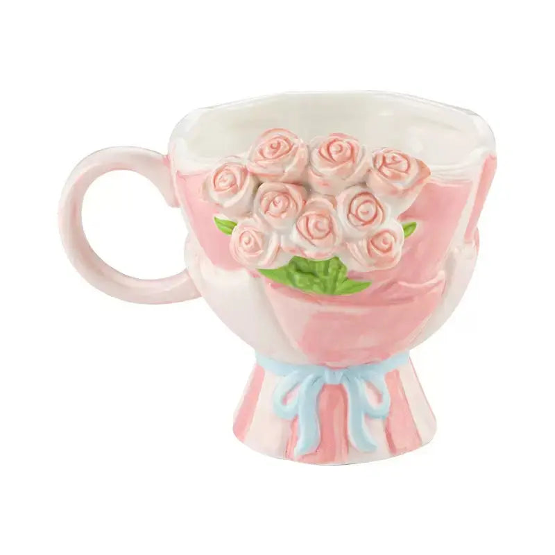 Artisan Pastel Rose Bouquet Mug – 3D Floral Sculpted Ceramic Coffee Cup