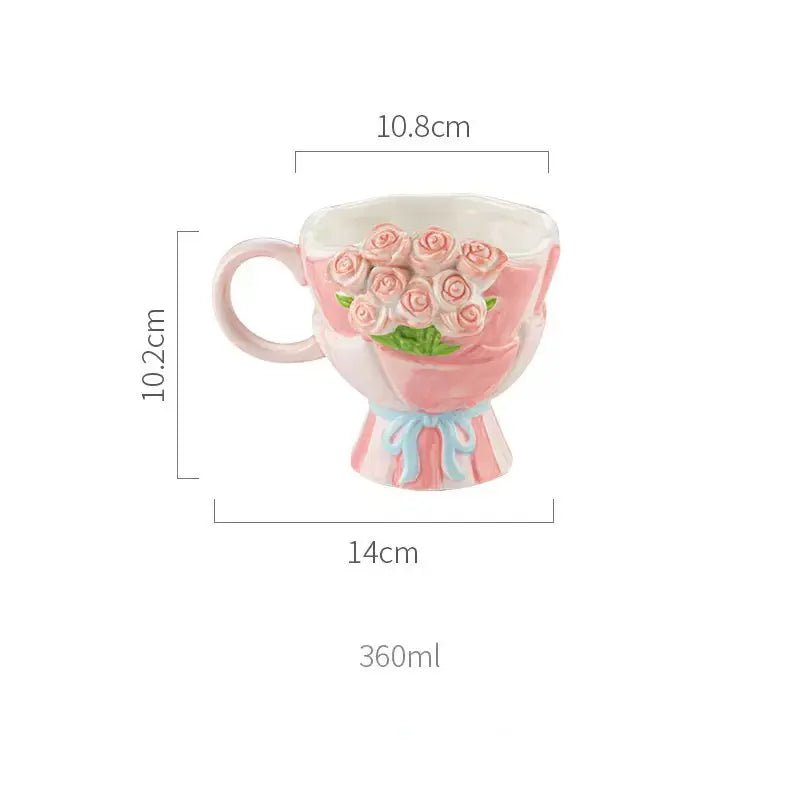 Artisan Pastel Rose Bouquet Mug – 3D Floral Sculpted Ceramic Coffee Cup