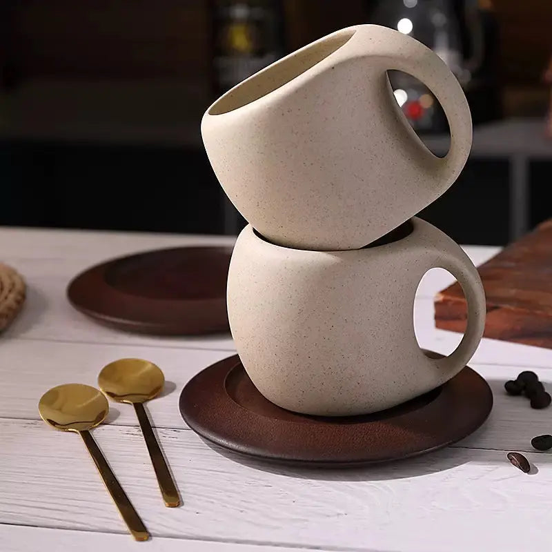 Sandshell Stoneware Duo – Minimalist Sculptural Cup & Saucer Set