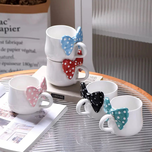 Artisan Polka Bow Ceramic Mug – Aesthetic 3D Ribbon Coffee & Tea Cup