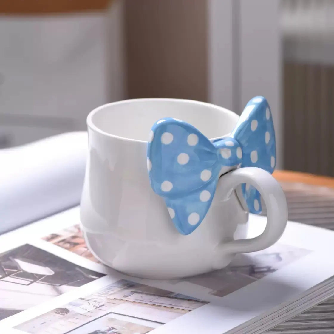 Artisan Polka Bow Ceramic Mug – Aesthetic 3D Ribbon Coffee & Tea Cup