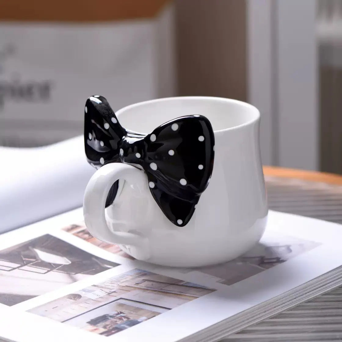 Artisan Polka Bow Ceramic Mug – Aesthetic 3D Ribbon Coffee & Tea Cup