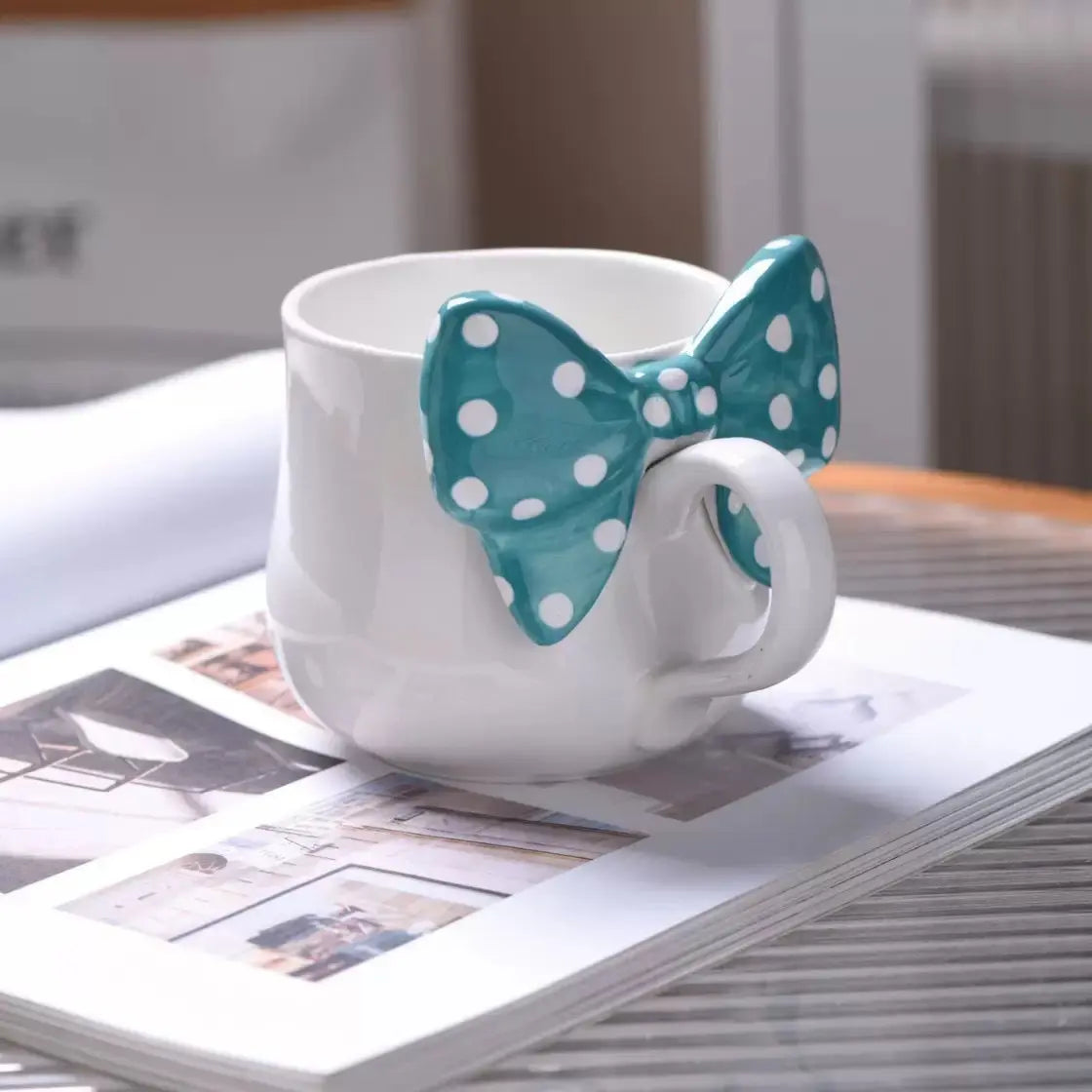 Artisan Polka Bow Ceramic Mug – Aesthetic 3D Ribbon Coffee & Tea Cup