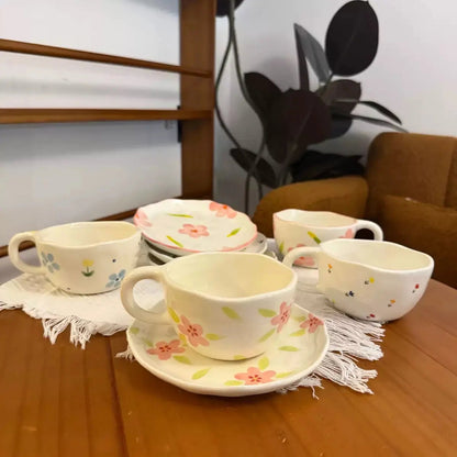 Pastel Floral Cup & Saucer – Minimalist Botanical Ceramic Tea Set