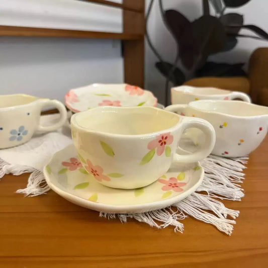 Pastel Floral Cup & Saucer – Minimalist Botanical Ceramic Tea Set