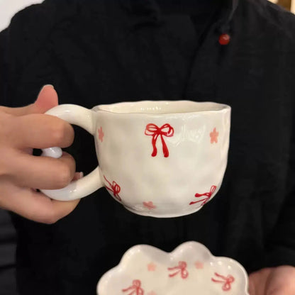 Artisan Ribbon Blossom Mug & Saucer – Aesthetic 3D Bow Ceramic Tea Set